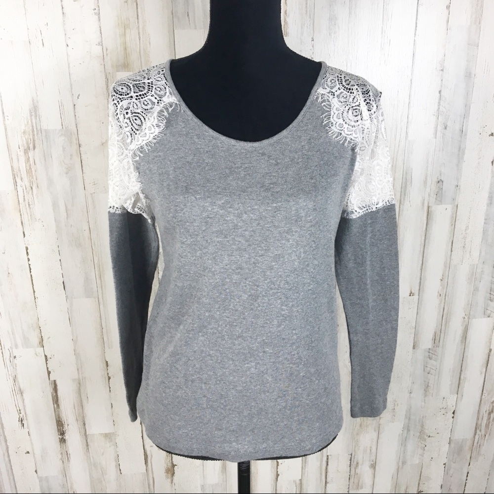 WHBM Lace Trim Long Sleeve Tee Shirt Blouse Gray S